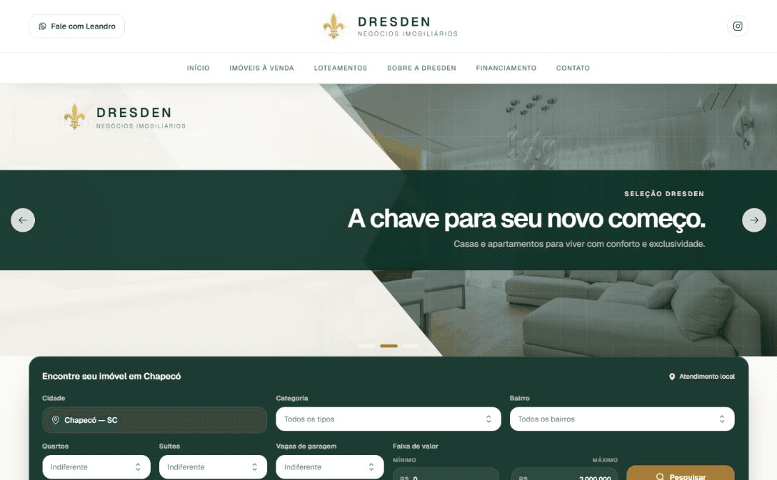 Página inicial do portal Dresden Negócios Imobiliários