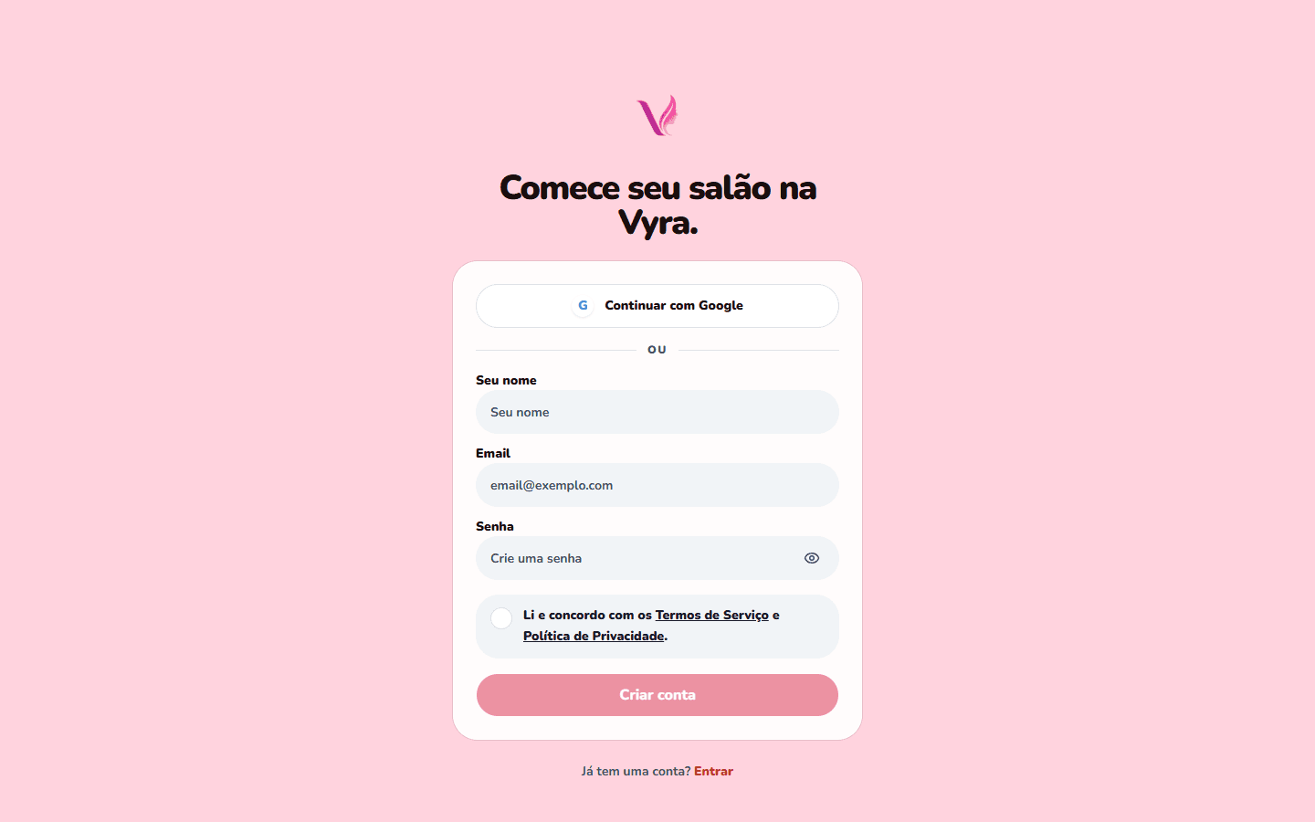 Tela de criação de conta do Vyra Beauty