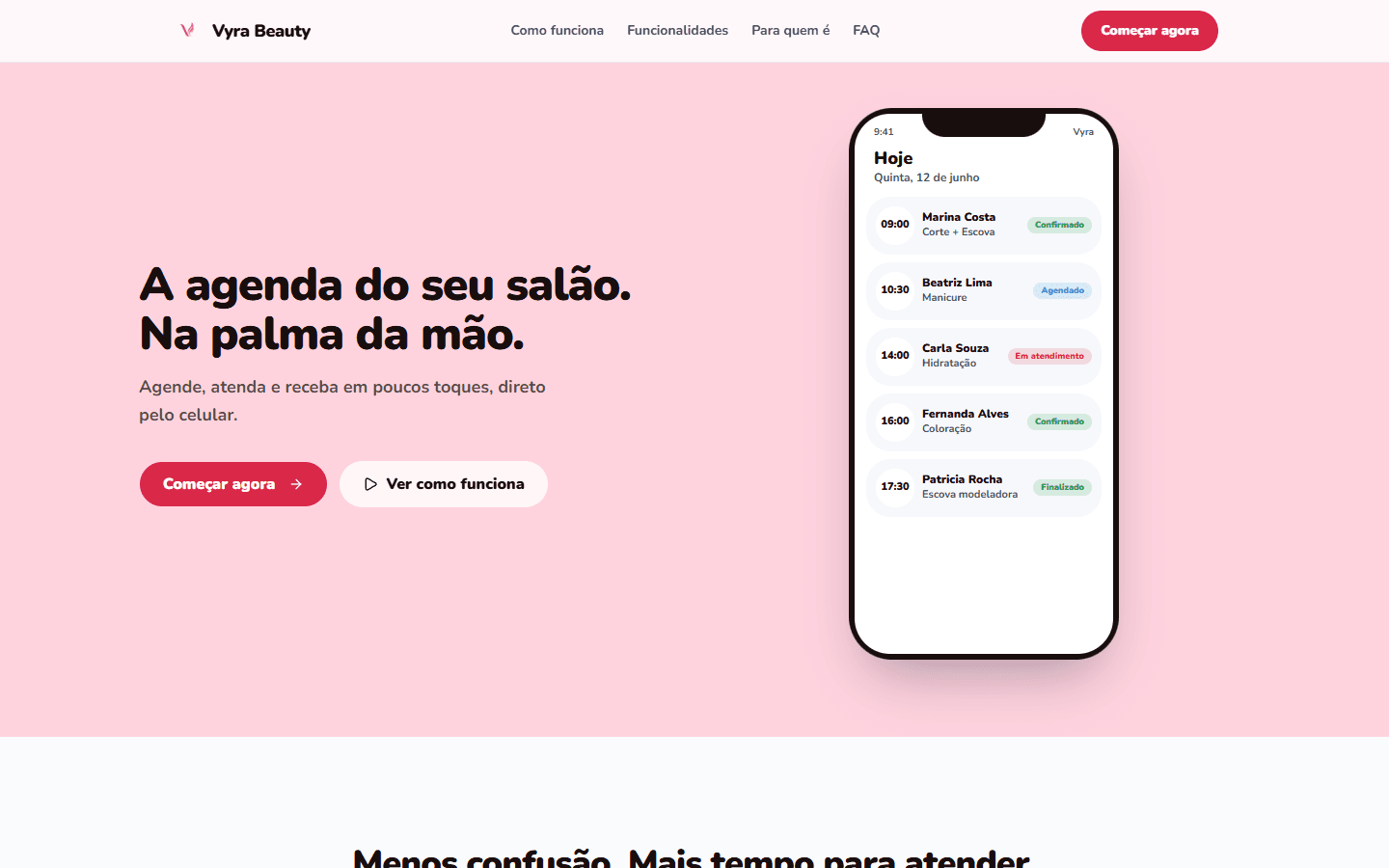 Página inicial do Vyra Beauty com a agenda do salão em destaque