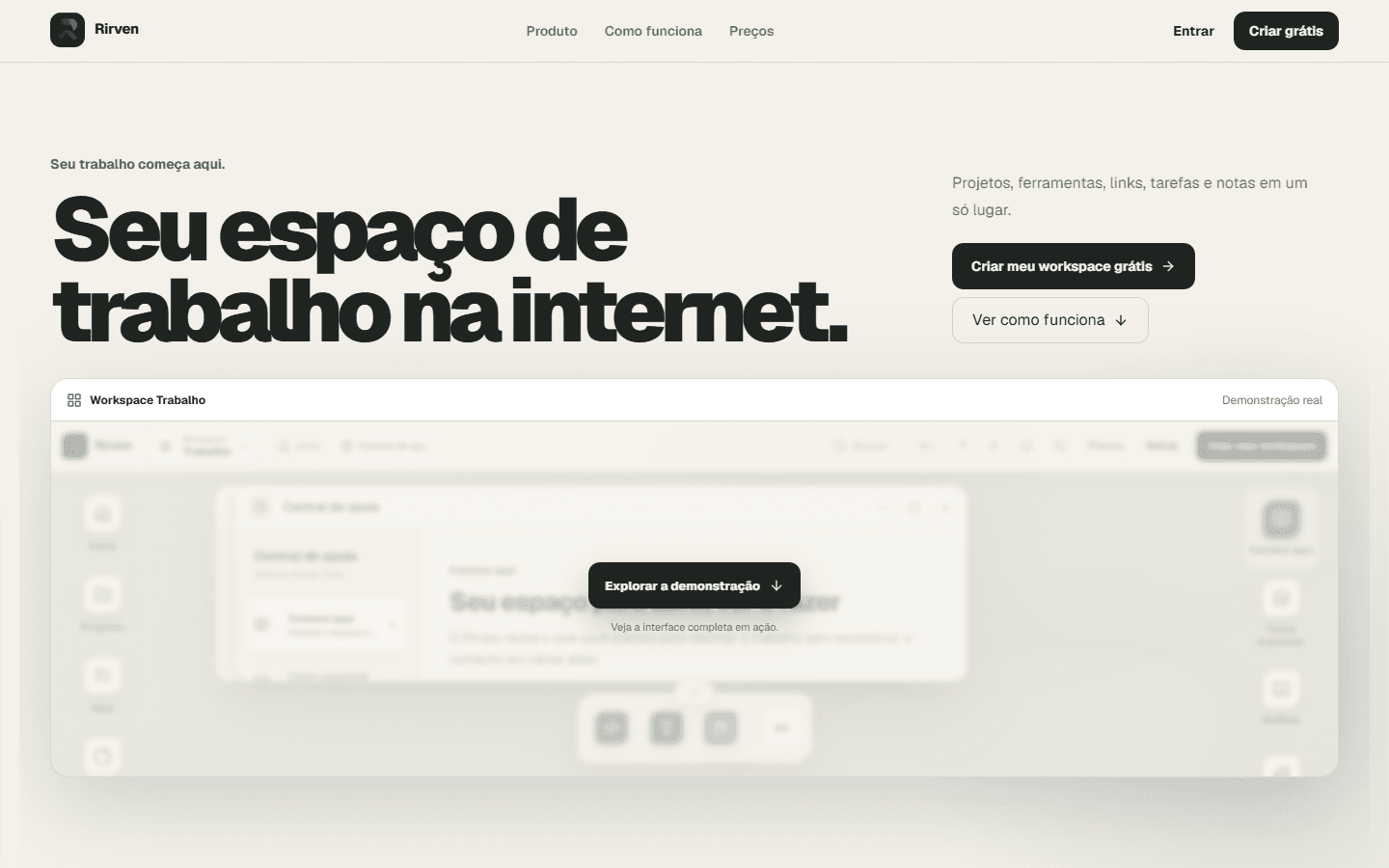 Página inicial do Rirven, um workspace digital para organizar o trabalho